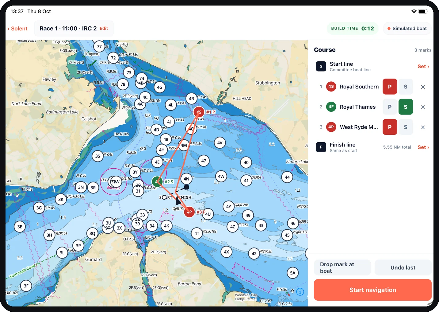 ProSail Navigation course builder: marks tapped on the chart with port and starboard roundings