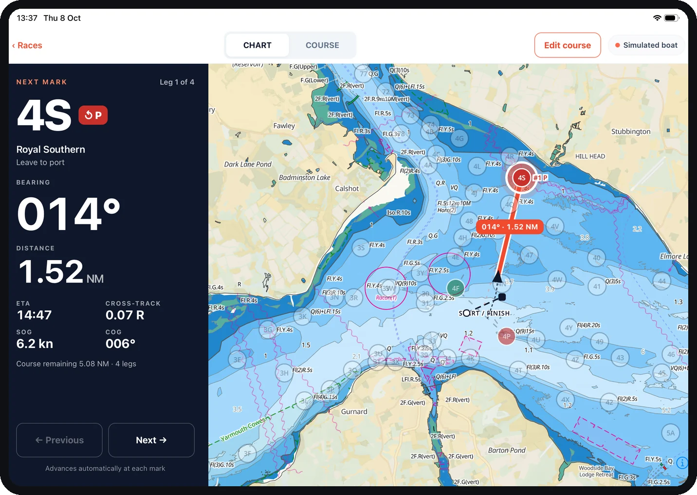 ProSail Navigation screen showing the next mark, bearing and distance